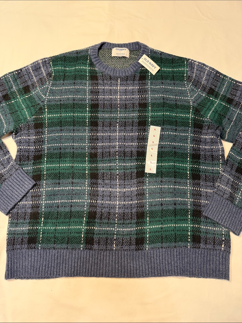 Old Navy Men's Blue and Green Plaid Crewneck Sweater L NWT